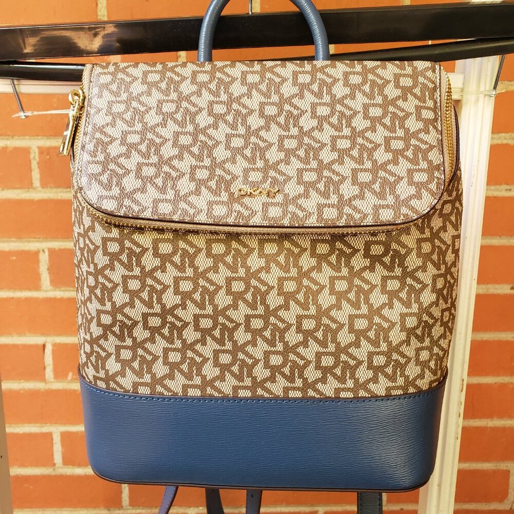 BNWT DKNY Bryant Signature Top Zip Backpack in camel brown / steel blue colorway